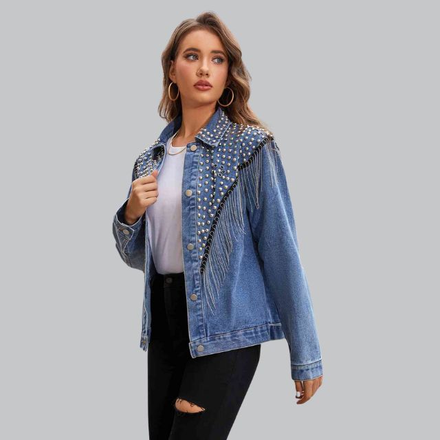 Damen Jeansjacke Mit Perlen Und Fransen
