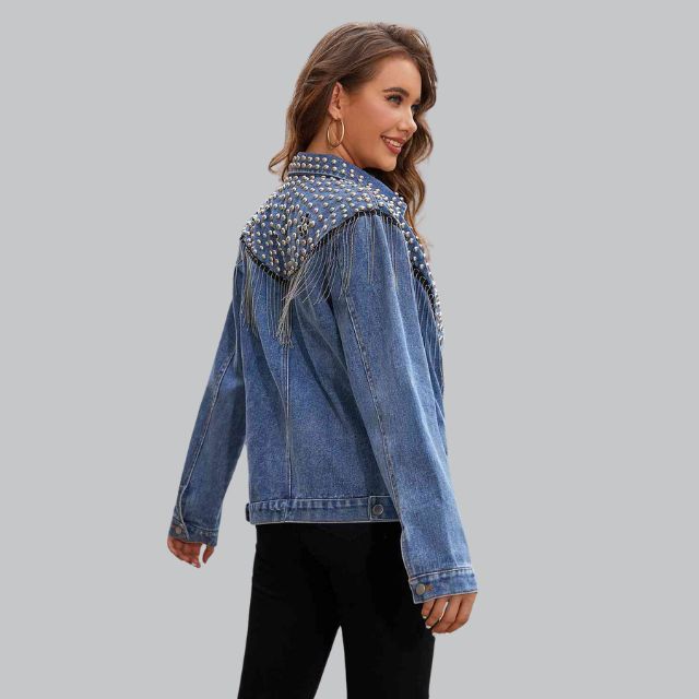 Damen Jeansjacke Mit Perlen Und Fransen