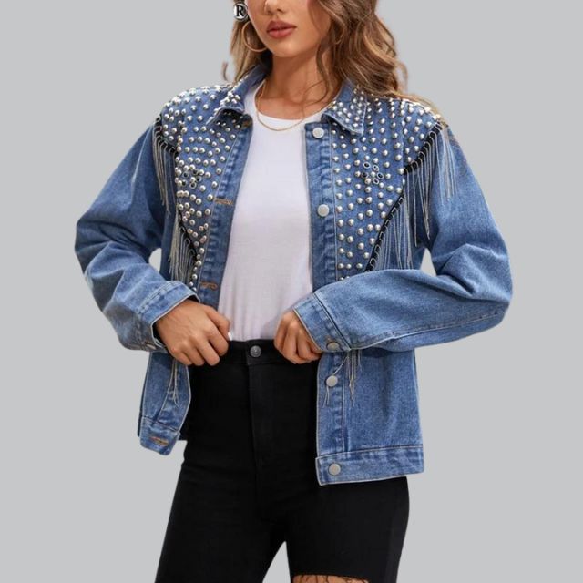 Damen Jeansjacke Mit Perlen Und Fransen