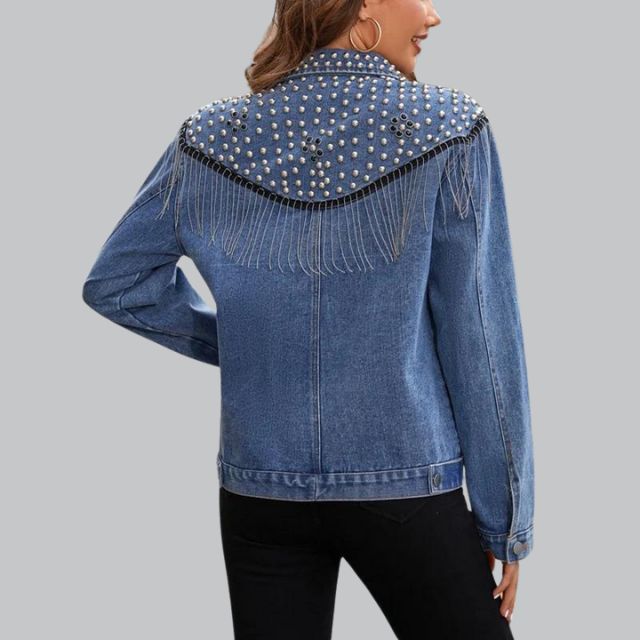 Damen Jeansjacke Mit Perlen Und Fransen