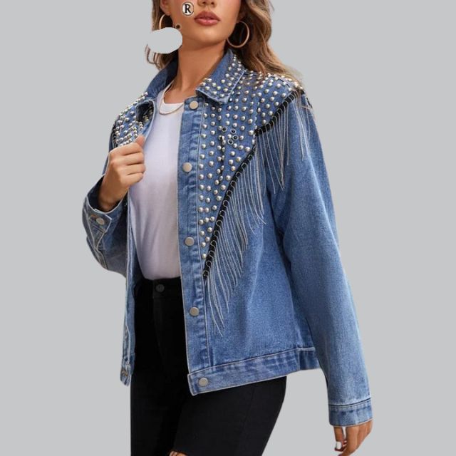 Damen Jeansjacke Mit Perlen Und Fransen
