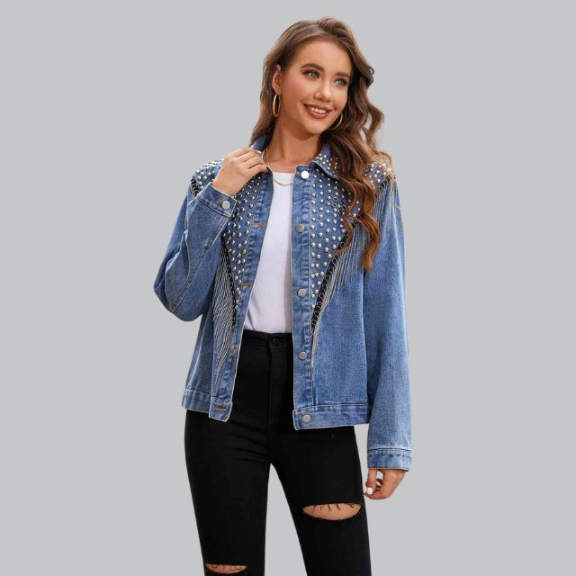 Damen Jeansjacke Mit Perlen Und Fransen