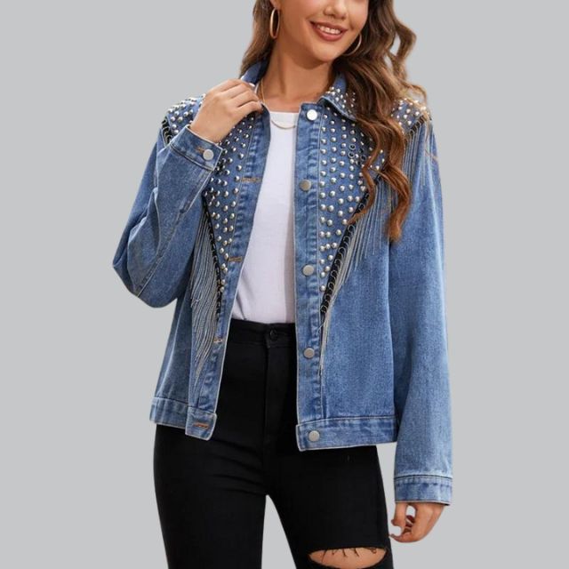 Damen Jeansjacke Mit Perlen Und Fransen