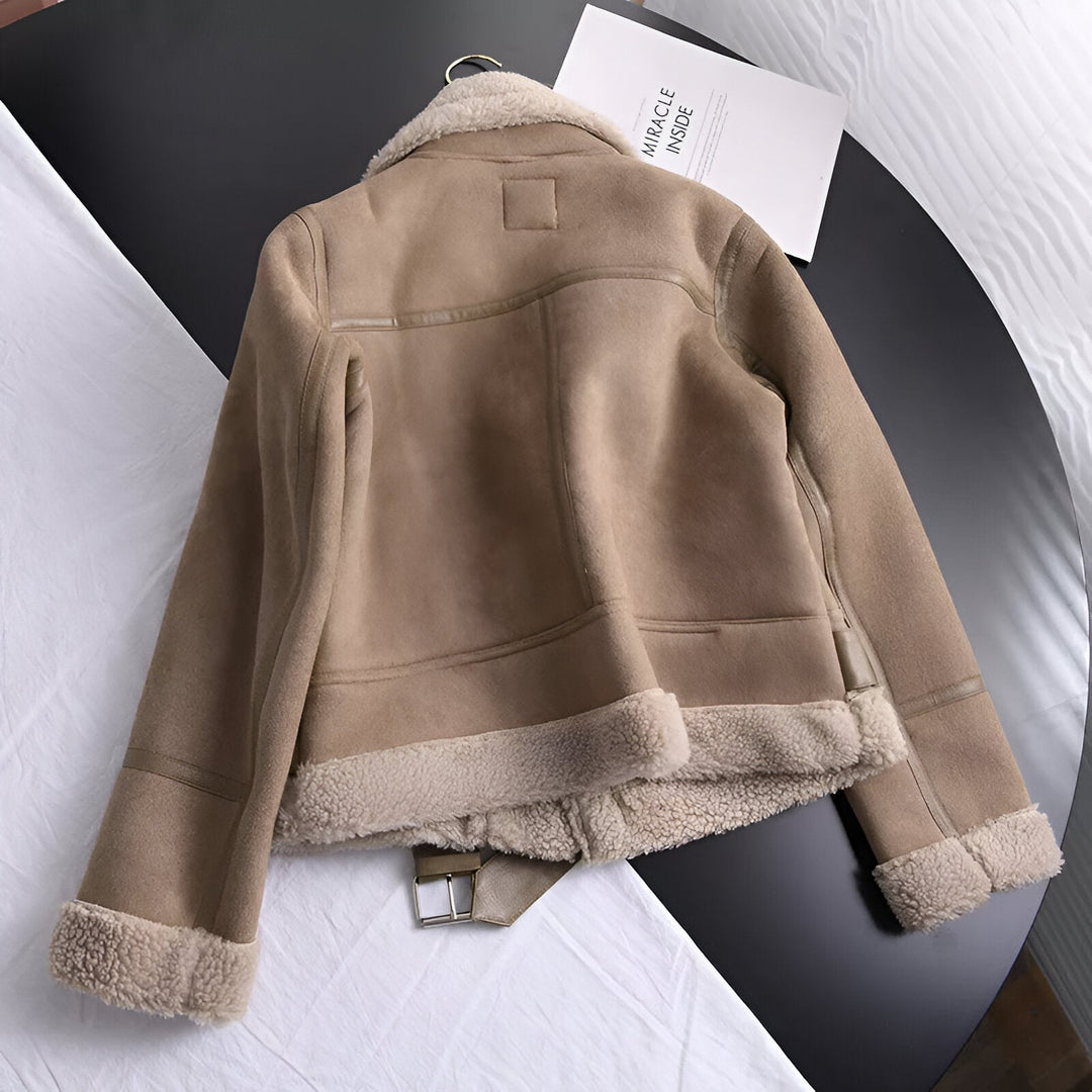 Damen Bikerjacke Mit Kunstfellfutter Und Gürtel