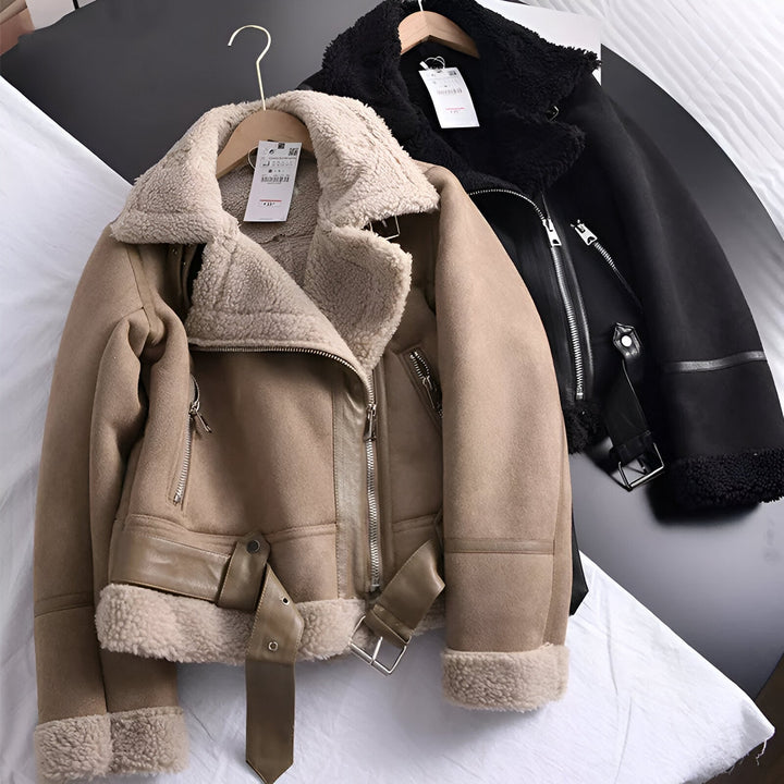 Damen Bikerjacke Mit Kunstfellfutter Und Gürtel