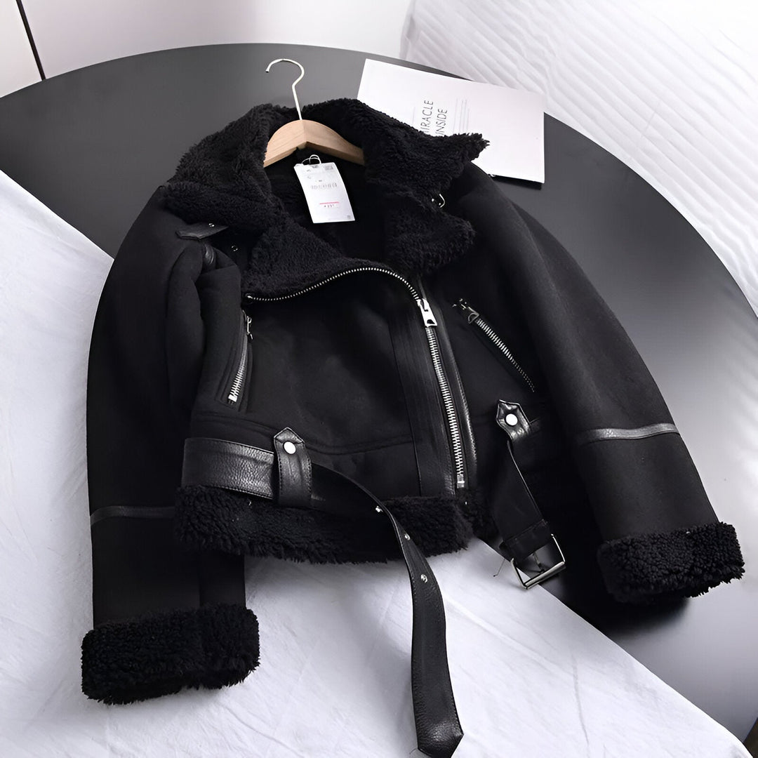 Damen Bikerjacke Mit Kunstfellfutter Und Gürtel