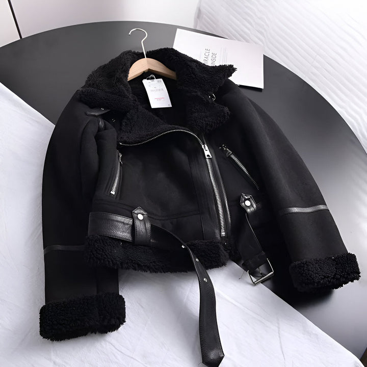 Damen Bikerjacke Mit Kunstfellfutter Und Gürtel
