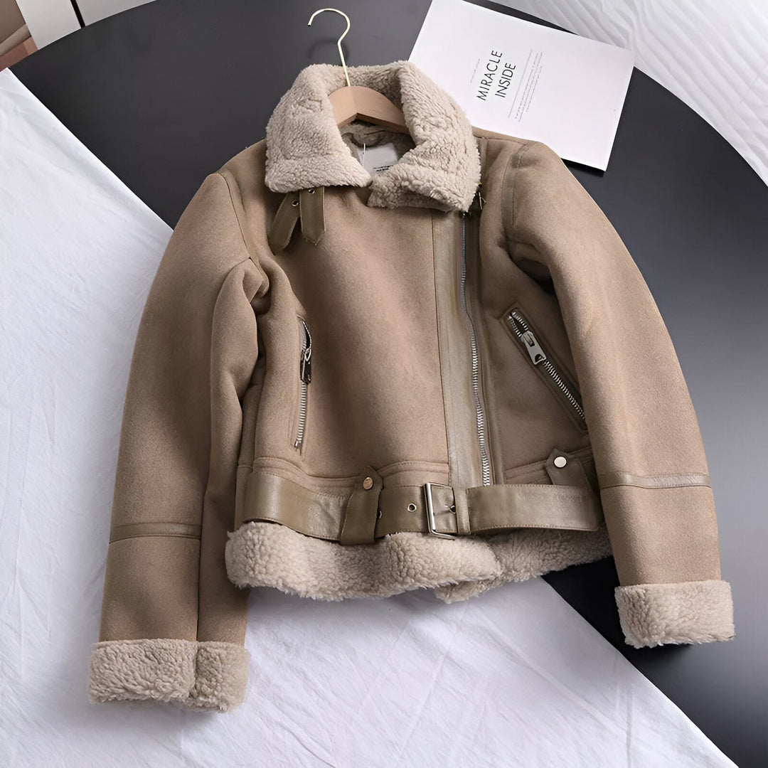 Damen Bikerjacke Mit Kunstfellfutter Und Gürtel
