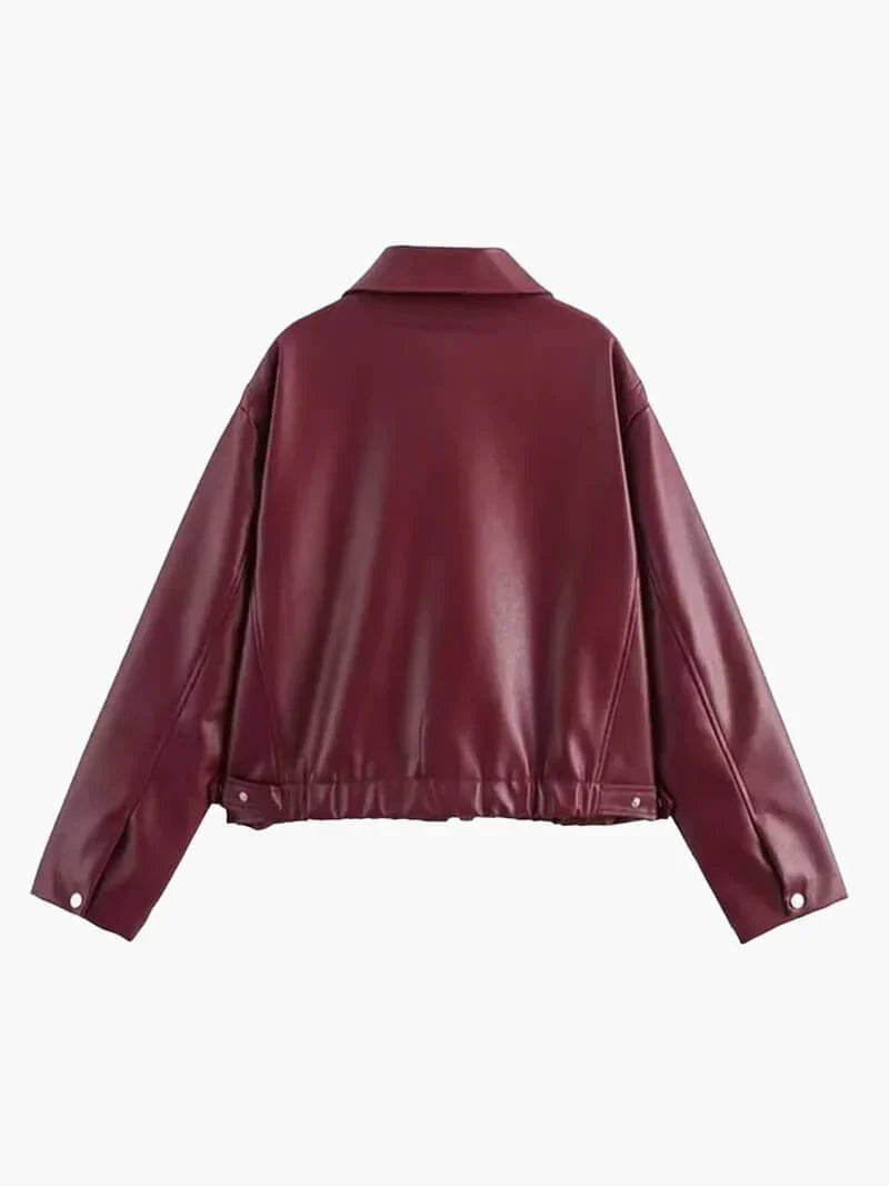 Damen Kunstlederjacke In Bordeaux Mit Modernem Schnitt