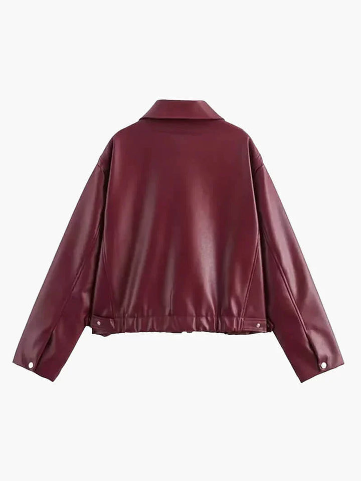 Damen Kunstlederjacke In Bordeaux Mit Modernem Schnitt