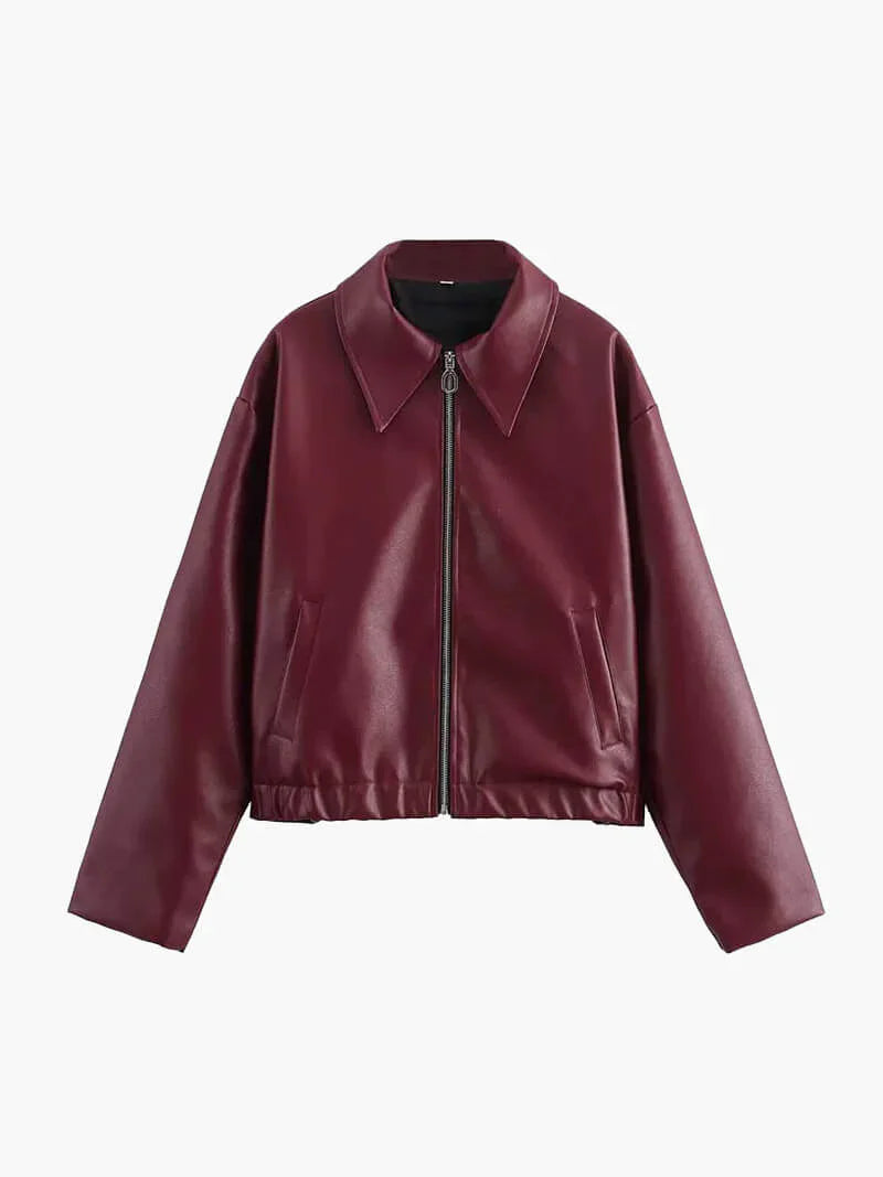 Damen Kunstlederjacke In Bordeaux Mit Modernem Schnitt