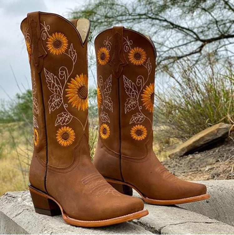 Damen Cowboy Stiefel Mit Sonnenblumenstickerei