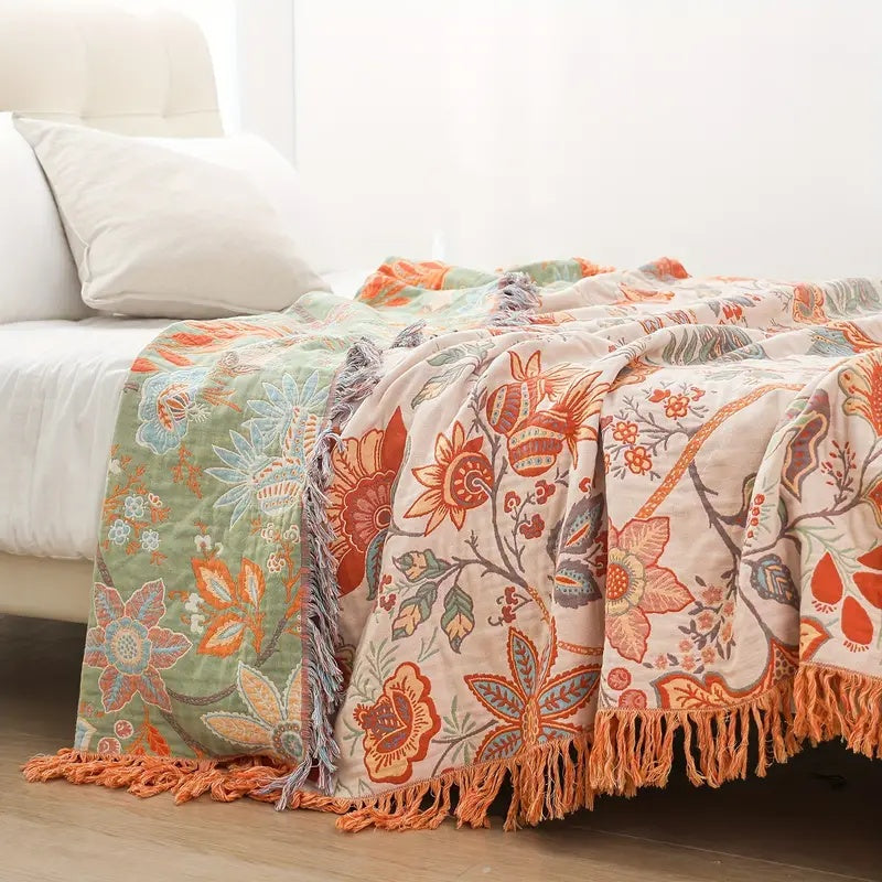 Boho Decke mit Blumenmuster – Baumwoll Plaid mit Fransen
