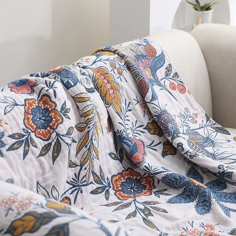 Baumwolldecke mit Blumenmuster – Jacquard Plaid mit Fransen