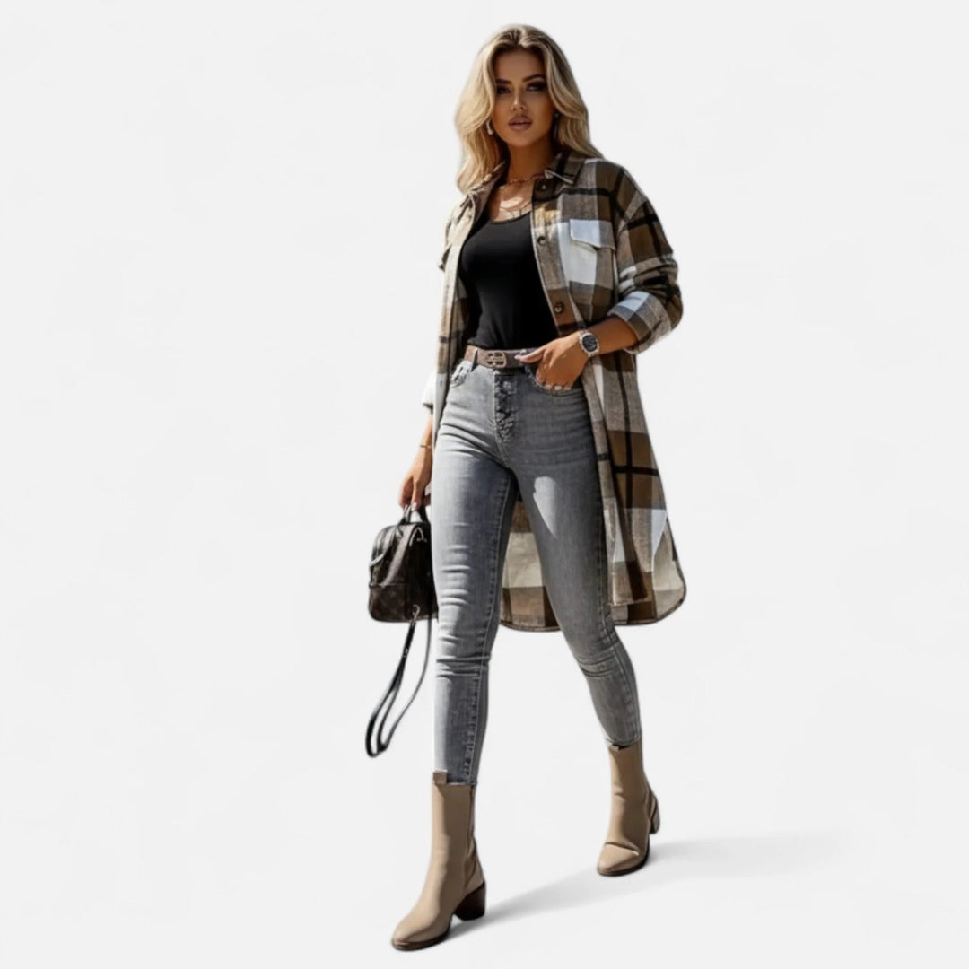 Damen Lang Kariertes Hemdjacke Mit Knopfleiste