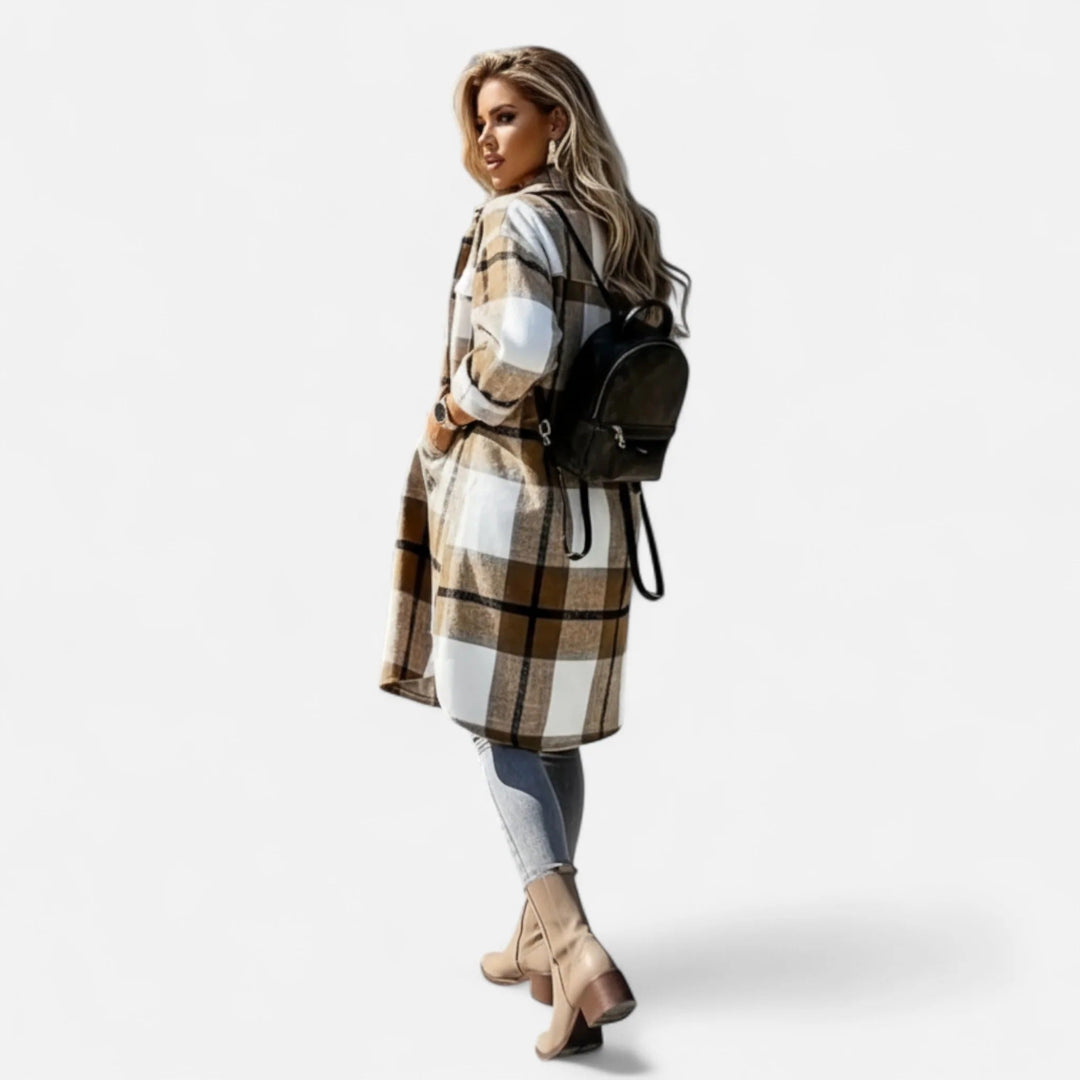 Damen Lang Kariertes Hemdjacke Mit Knopfleiste