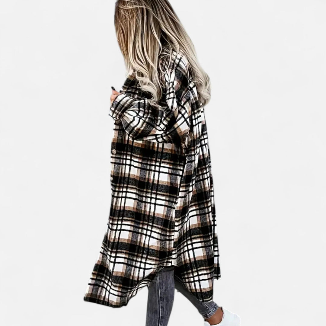 Damen Lang Kariertes Hemdjacke Mit Knopfleiste