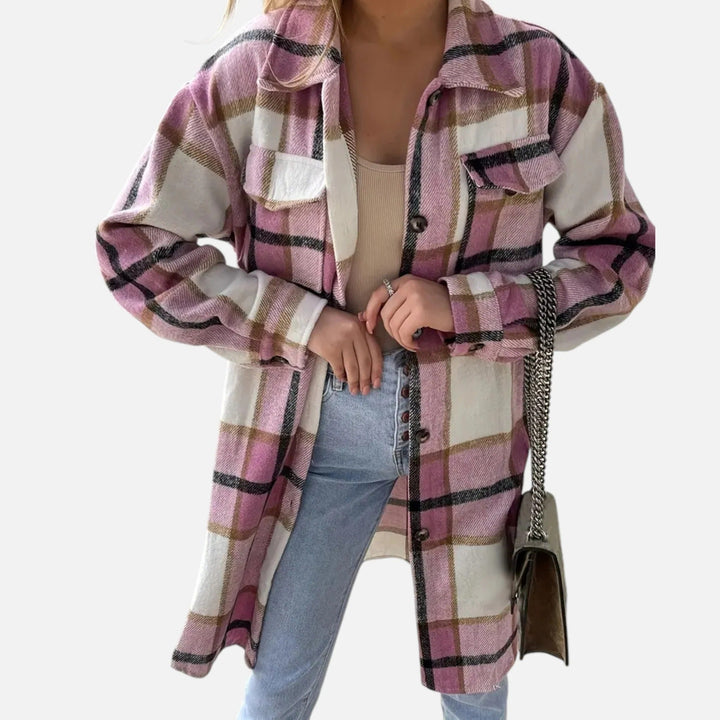 Damen Lang Kariertes Hemdjacke Mit Knopfleiste