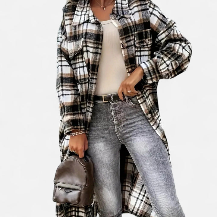 Damen Lang Kariertes Hemdjacke Mit Knopfleiste