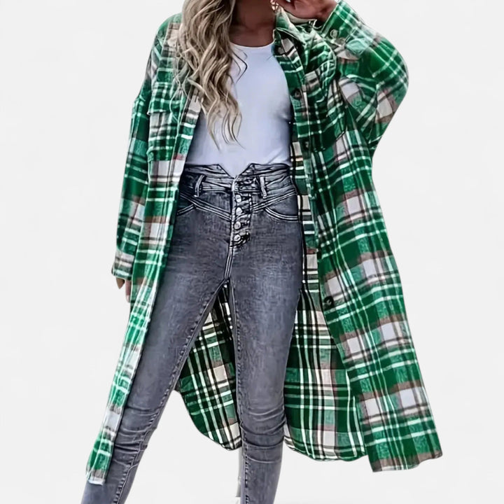 Damen Lang Kariertes Hemdjacke Mit Knopfleiste