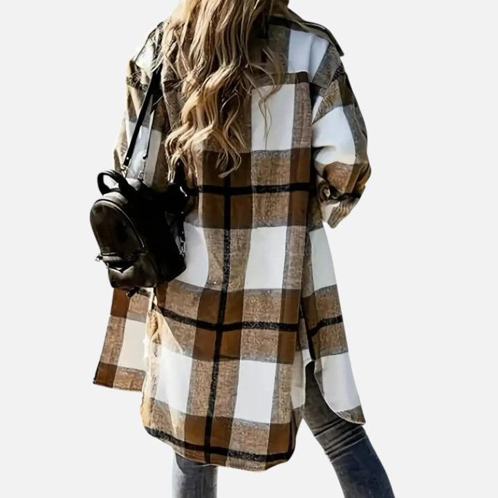 Damen Lang Kariertes Hemdjacke Mit Knopfleiste