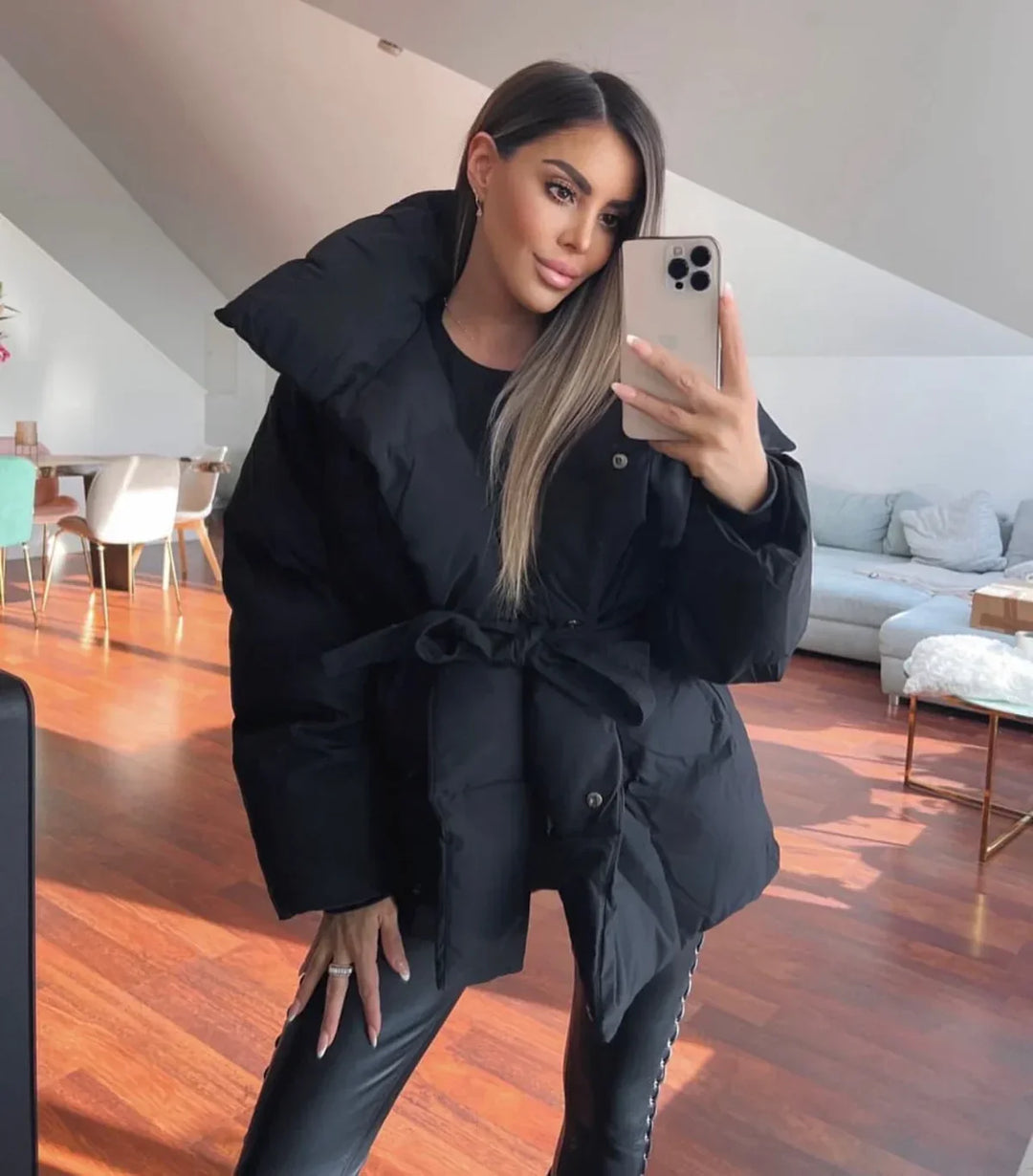 Damen Steppjacke Mit Gürtel Und Stehkragen