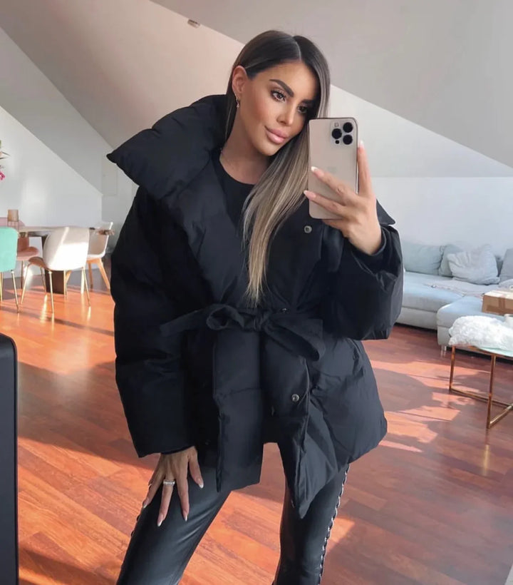 Damen Steppjacke Mit Gürtel Und Stehkragen