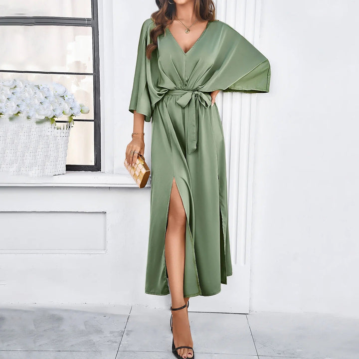 Damen Maxikleid Mit V-Ausschnitt Und Taillenband