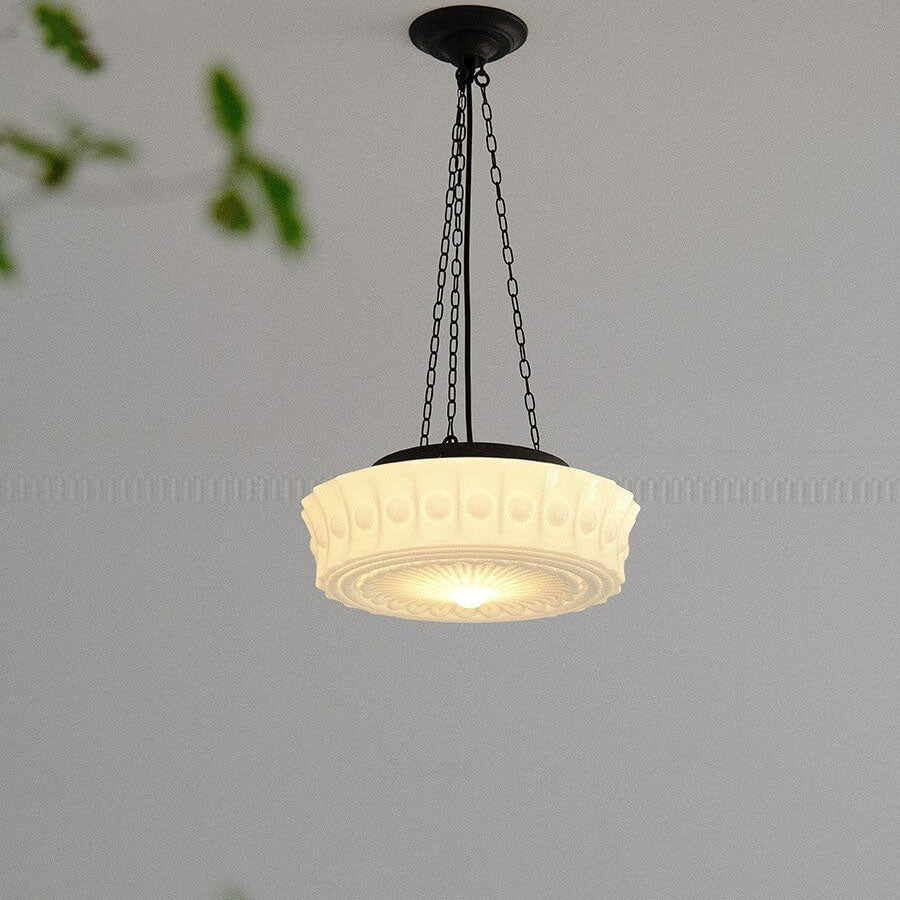 Halbbündige LED Deckenleuchte aus weißem Glas mit Streifendekor