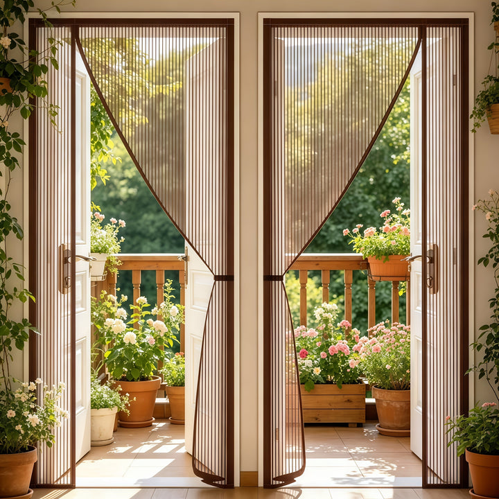 Magnetische Fliegengittertür ohne Bohren an einer geöffneten Balkontür montiert