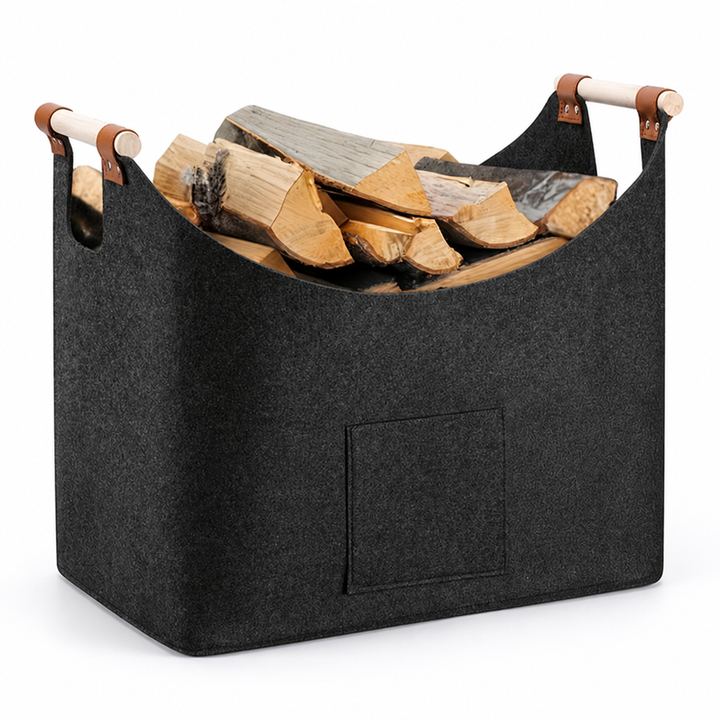 Brennholzkorb aus Filz mit zwei Holzgriffen