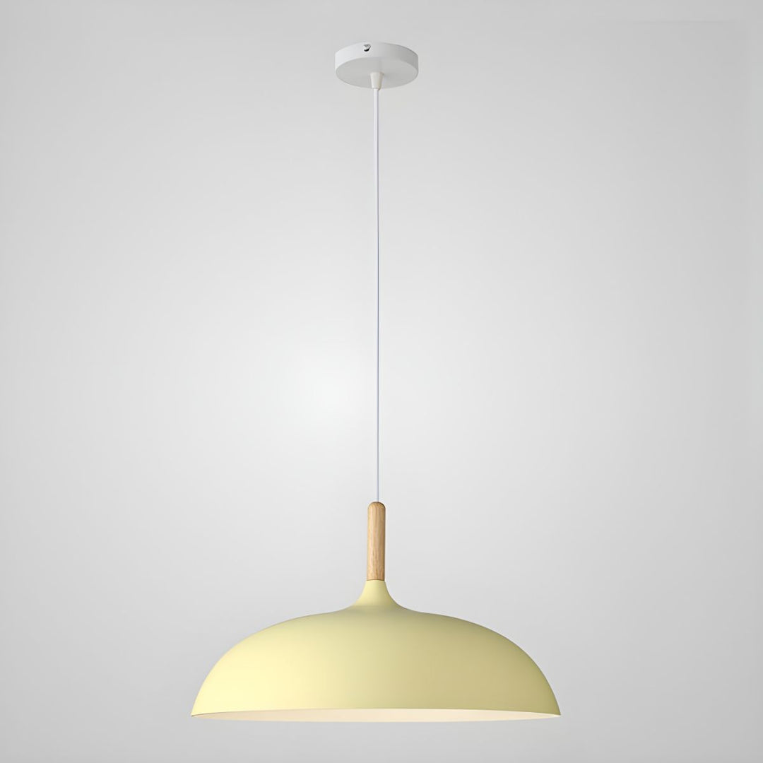 Skandinavische Pendelleuchte in Pastellfarben mit Holzdetails