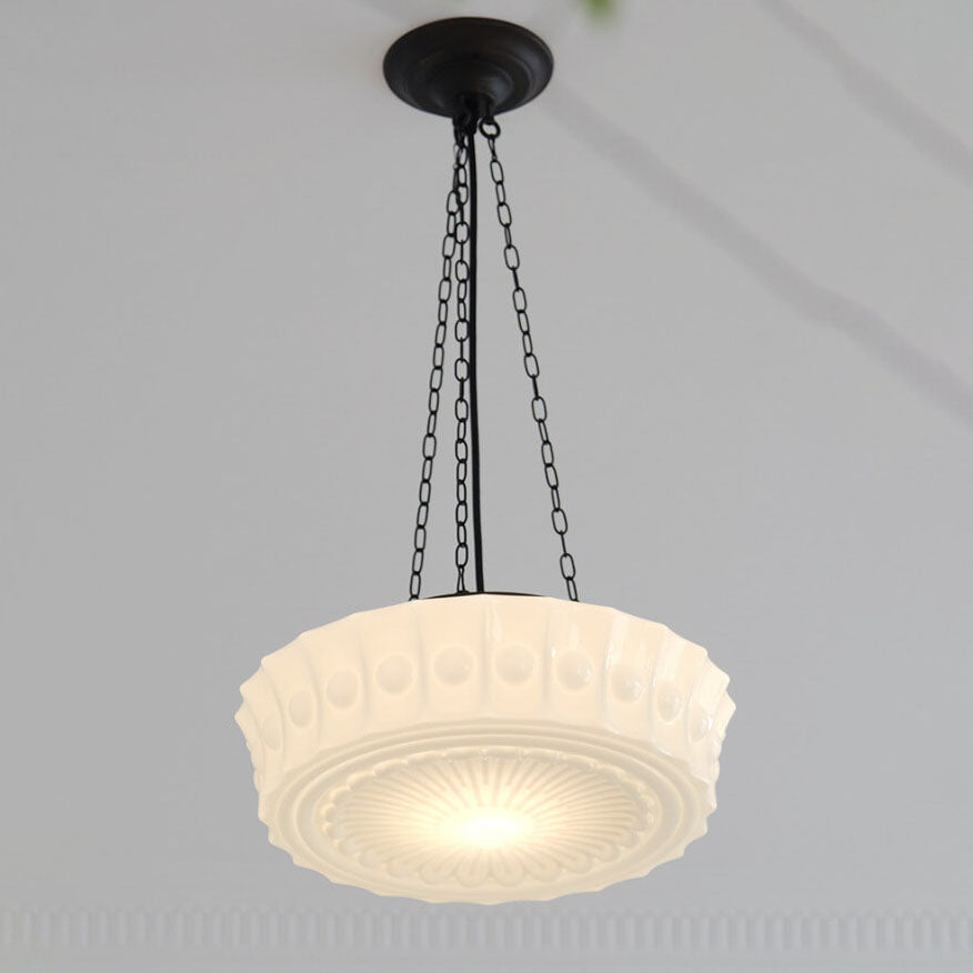 Halbbündige LED Deckenleuchte aus weißem Glas mit Streifendekor