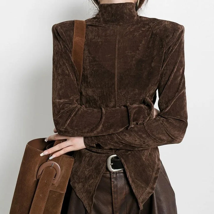 Damen Samt Oberteil Braun – Elegantes Basic mit Langarm