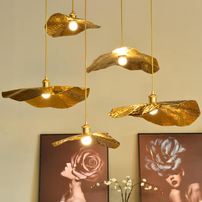 Pendelleuchte in Lotusblatt-Form aus Gold und Bronze
