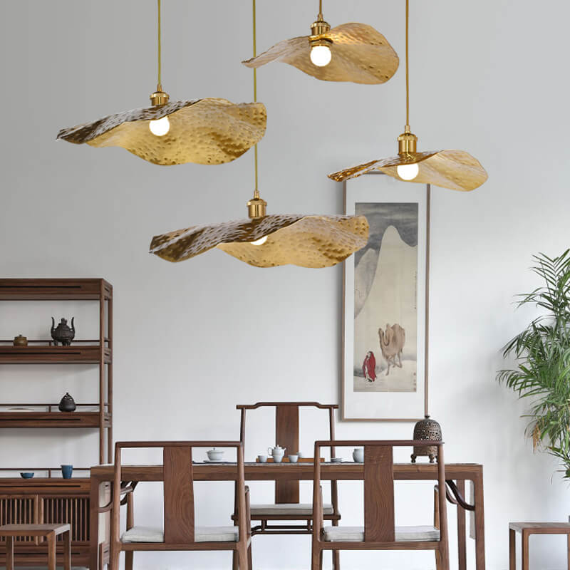 Pendelleuchte in Lotusblatt-Form aus Gold und Bronze