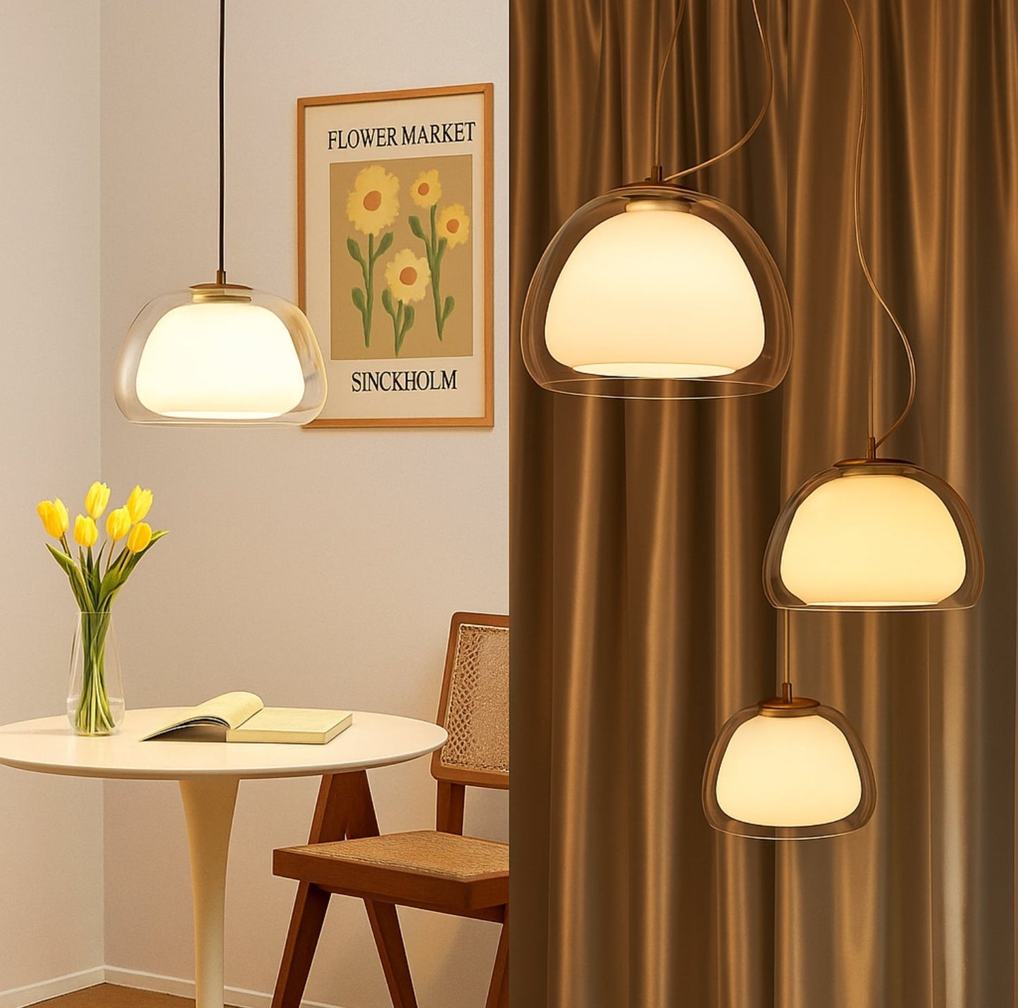 Glas Pendelleuchte mit weißem Schirm und Diffusor