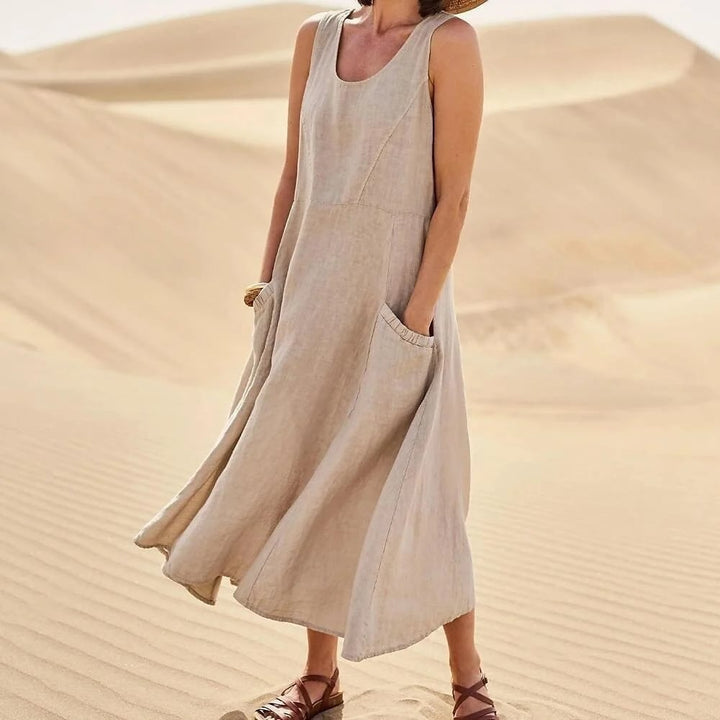 Women’s Sleeveless Cotton Linen Dress with Pockets