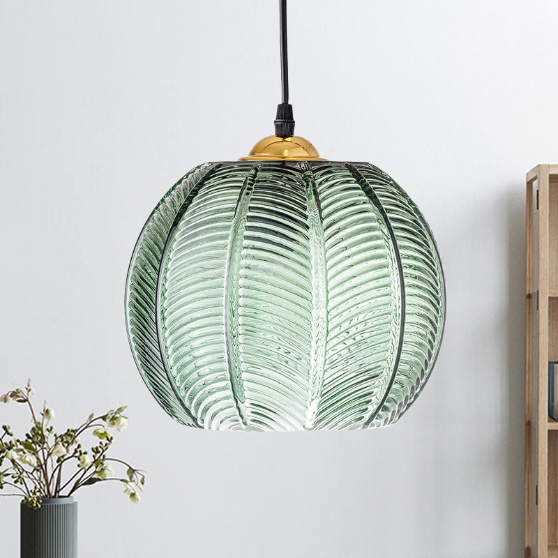 Pendelleuchte mit grüner Glas-Kürbisoptik