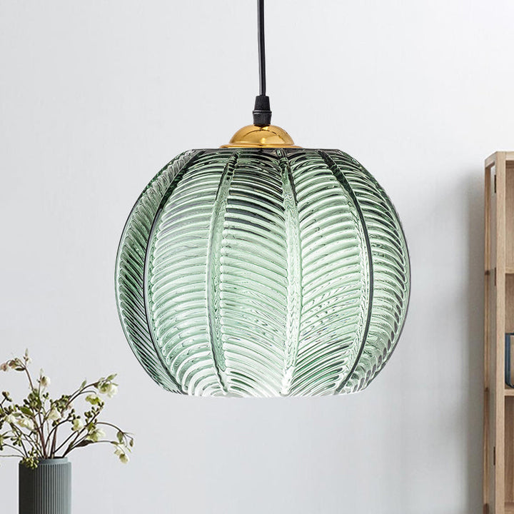 Pendelleuchte mit grüner Glas-Kürbisoptik