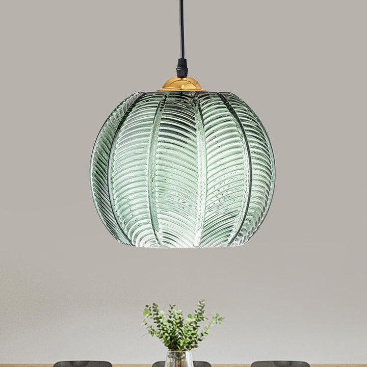 Pendelleuchte mit grüner Glas-Kürbisoptik