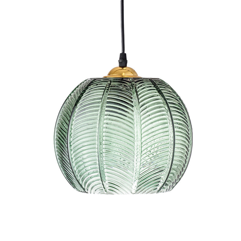 Pendelleuchte mit grüner Glas-Kürbisoptik