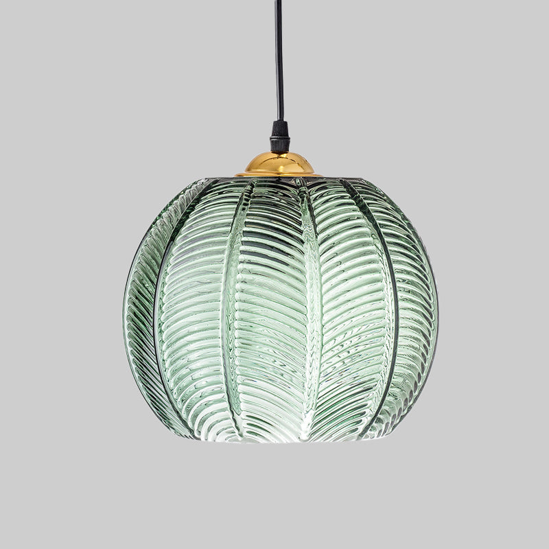 Pendelleuchte mit grüner Glas-Kürbisoptik