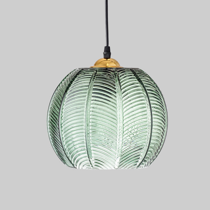 Pendelleuchte mit grüner Glas-Kürbisoptik