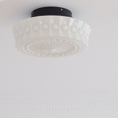 Halbbündige LED Deckenleuchte aus weißem Glas mit Streifendekor