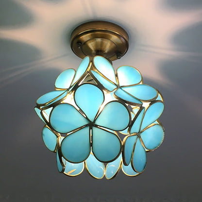 1 Light Pink/Blue/Green/Clear Floral Ceiling Light Fixture Retro Style Stained Glass Flushmount Light for Hallway Clear Clearhalo 'Ceiling Lights' 'Close To Ceiling Lights' 'Close to ceiling' 'Glass shade' 'Glass' 'Semi-flushmount' 'Tiffany close to ceiling' 'Tiffany' Lighting' 180932