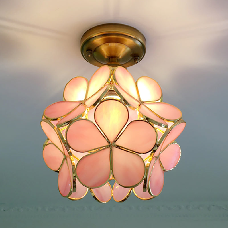 1 Light Pink/Blue/Green/Clear Floral Ceiling Light Fixture Retro Style Stained Glass Flushmount Light for Hallway Clearhalo 'Ceiling Lights' 'Close To Ceiling Lights' 'Close to ceiling' 'Glass shade' 'Glass' 'Semi-flushmount' 'Tiffany close to ceiling' 'Tiffany' Lighting' 180930