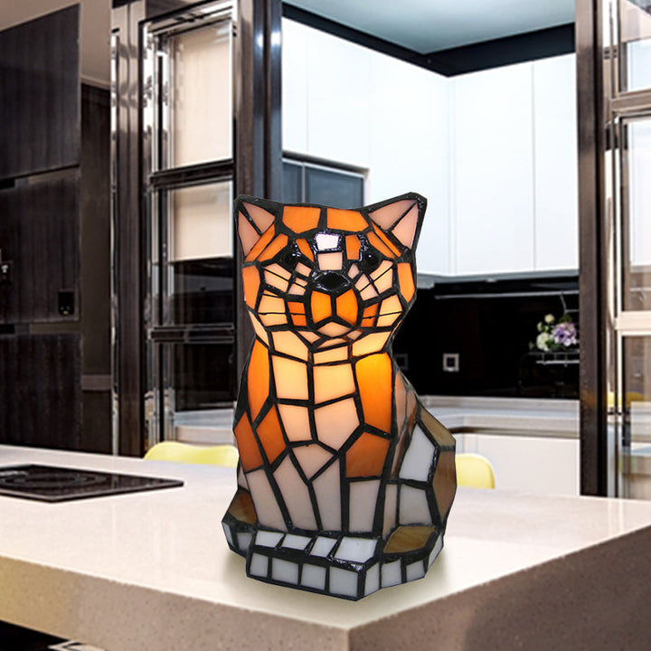 Tiffany-Tischlampe mit Katzen-Motiv und farbigem Glas
