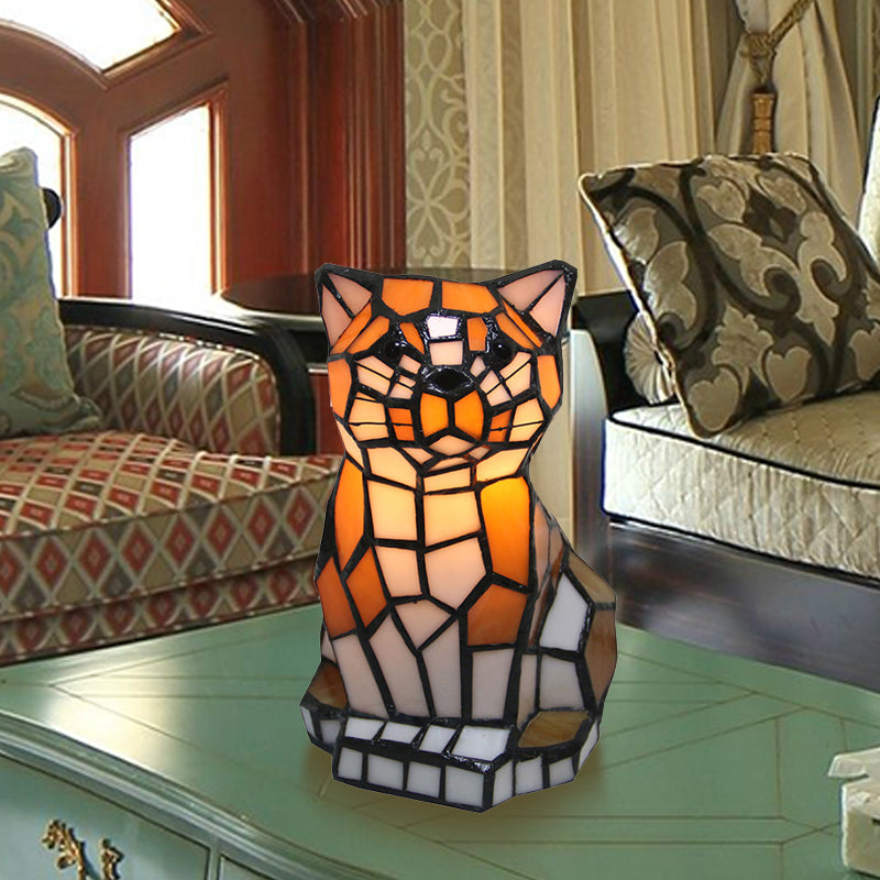 Tiffany-Tischlampe mit Katzen-Motiv und farbigem Glas