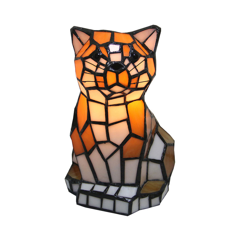 Tiffany-Tischlampe mit Katzen-Motiv und farbigem Glas
